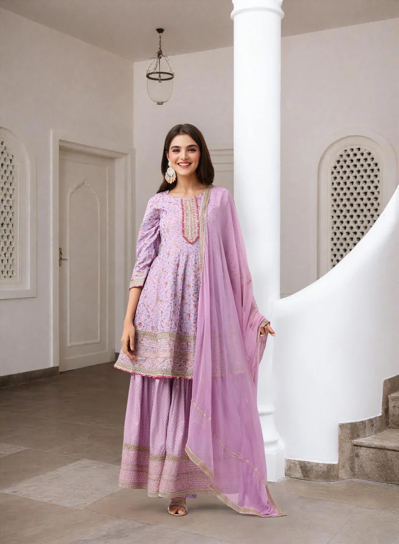 آي شين Women's Lilac Rayon Embellished Tunic Full Length Palazzo Straight Fit Kurta Set